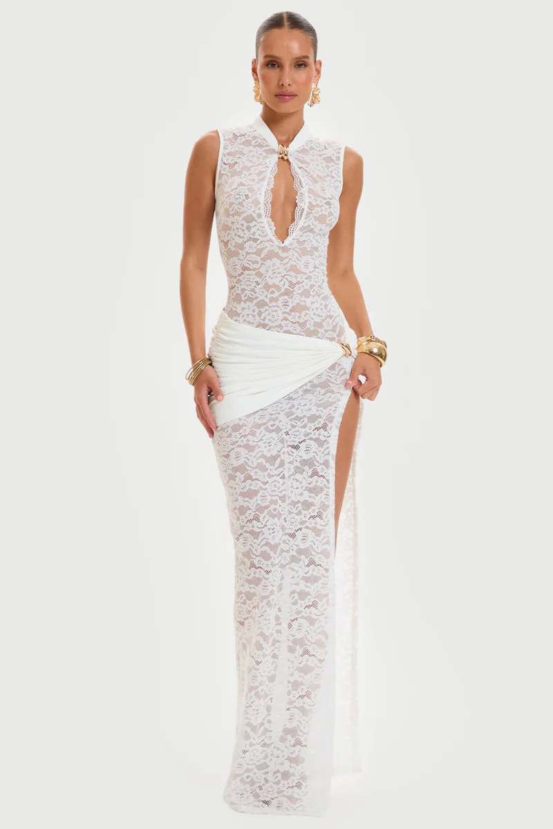 Isadora Sleeveless Lace Split Maxi Dress In White