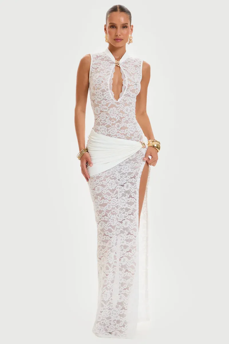 Isadora Sleeveless Lace Split Maxi Dress In White