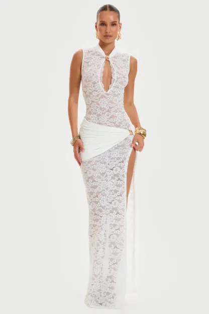 Isadora Sleeveless Lace Split Maxi Dress In White