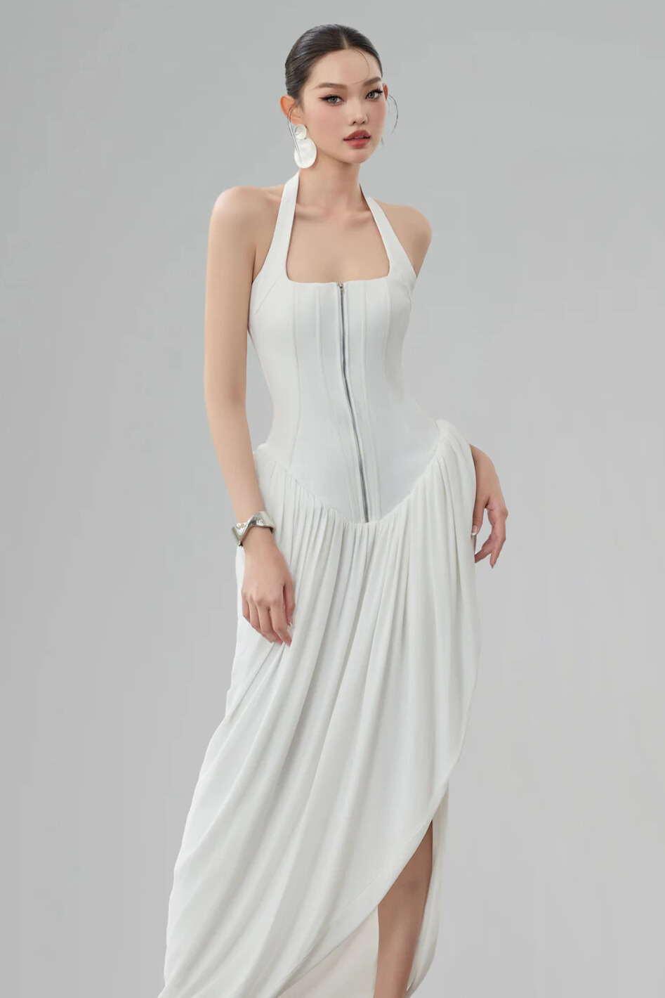 Isolde Halterneck Zipper Corset Maxi Dress In White
