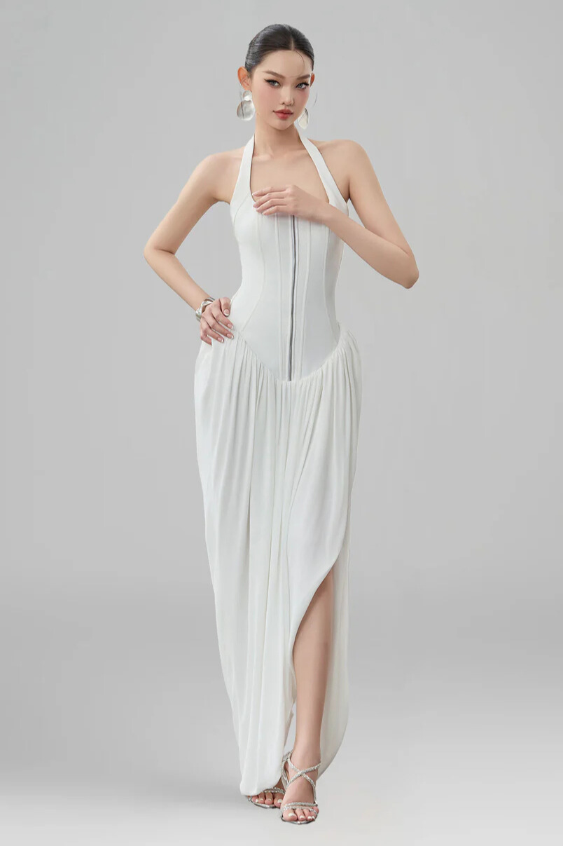 Isolde Halterneck Zipper Corset Maxi Dress In White