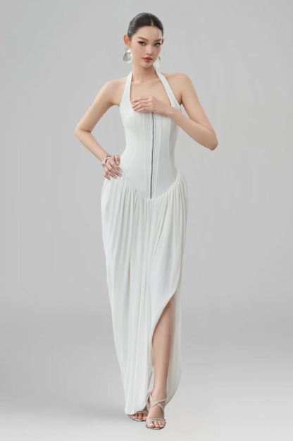 Isolde Halterneck Zipper Corset Maxi Dress In White