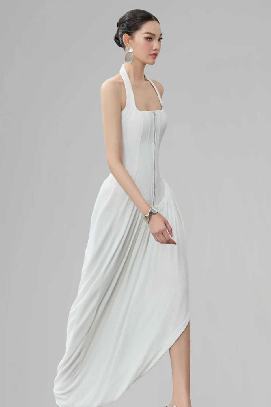 Isolde Halterneck Zipper Corset Maxi Dress In White