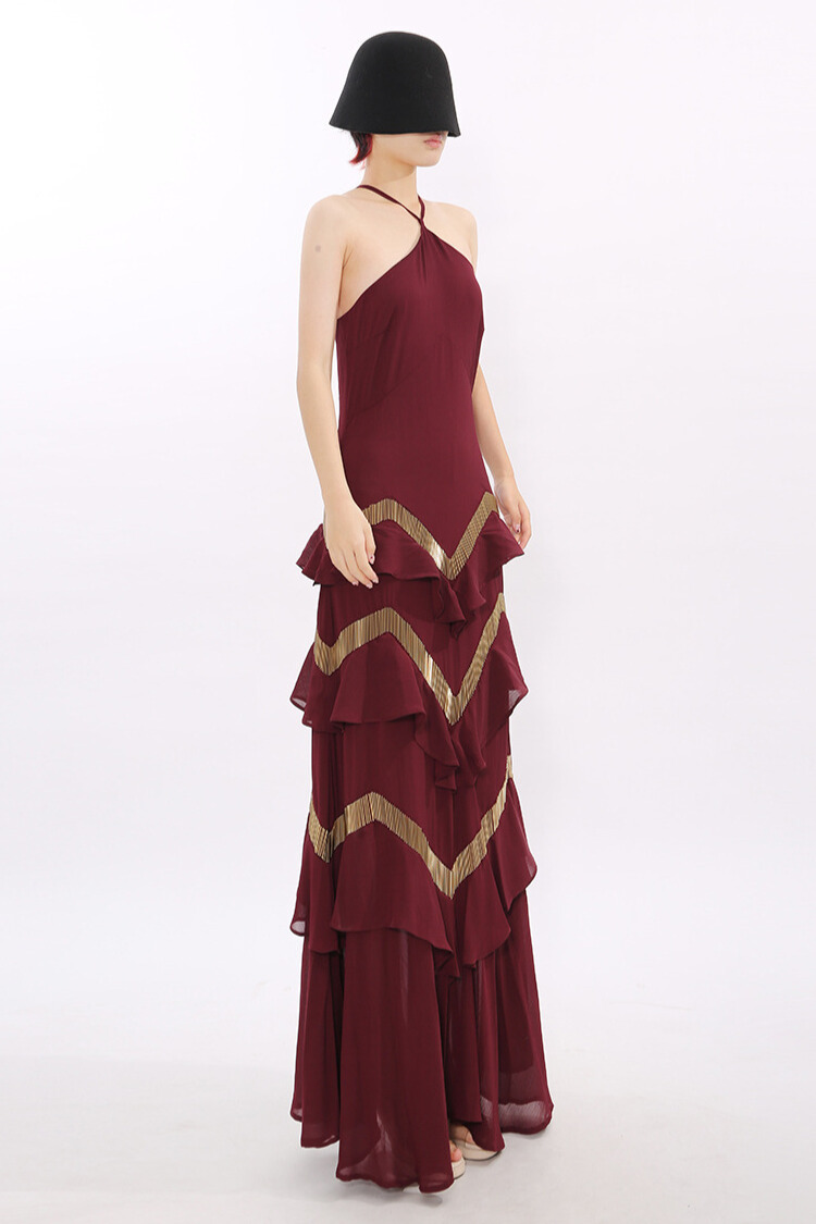 Kirrily Halterneck Tiered Maxi Dress In Red