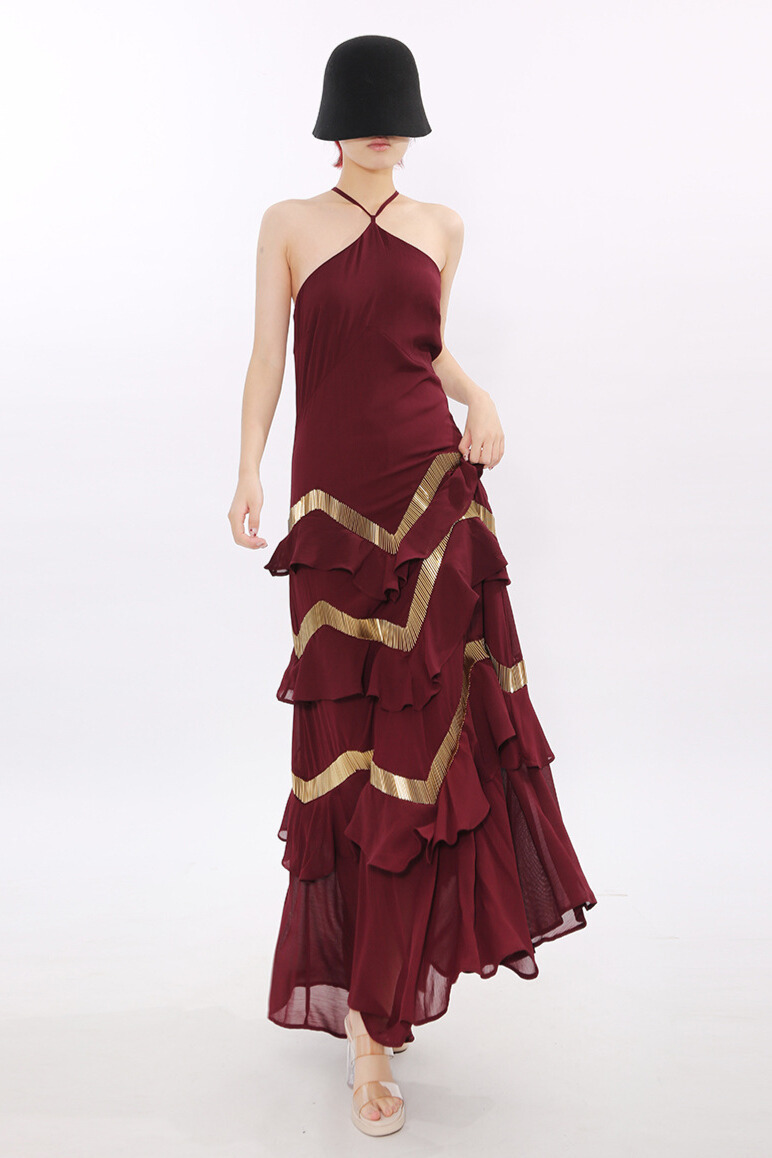 Kirrily Halterneck Tiered Maxi Dress In Red