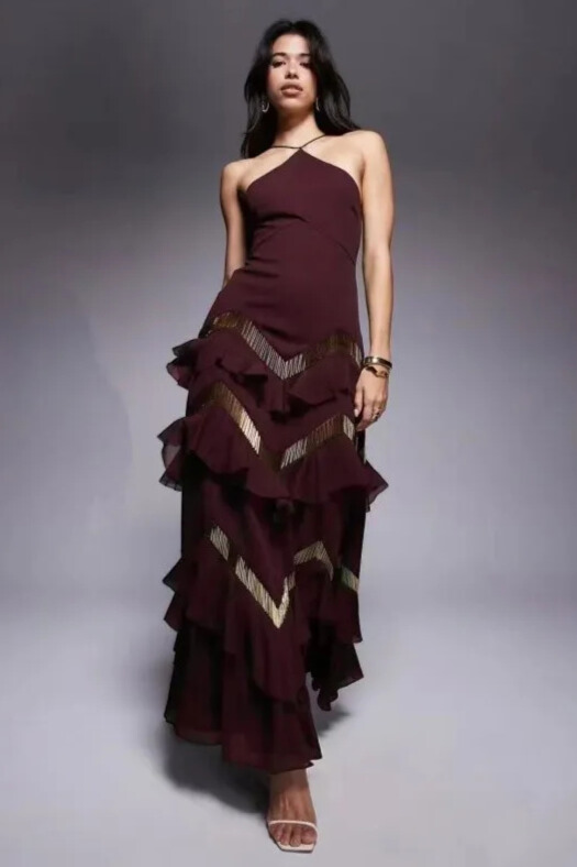 Kirrily Halterneck Tiered Maxi Dress In Red