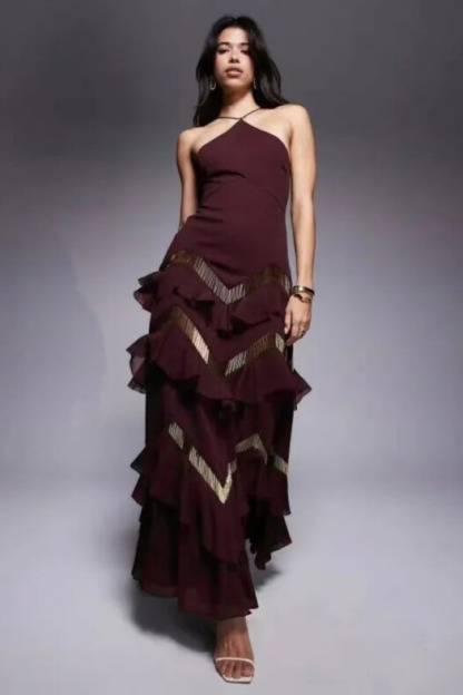 Kirrily Halterneck Tiered Maxi Dress In Red