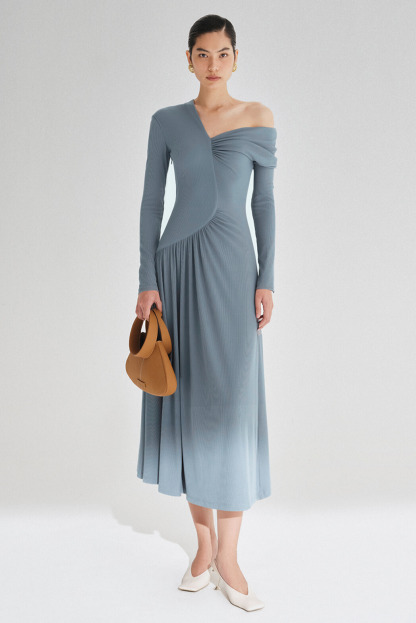 Arcadio One Shoulder Asymmetric Ruched Midi Dress In Blue