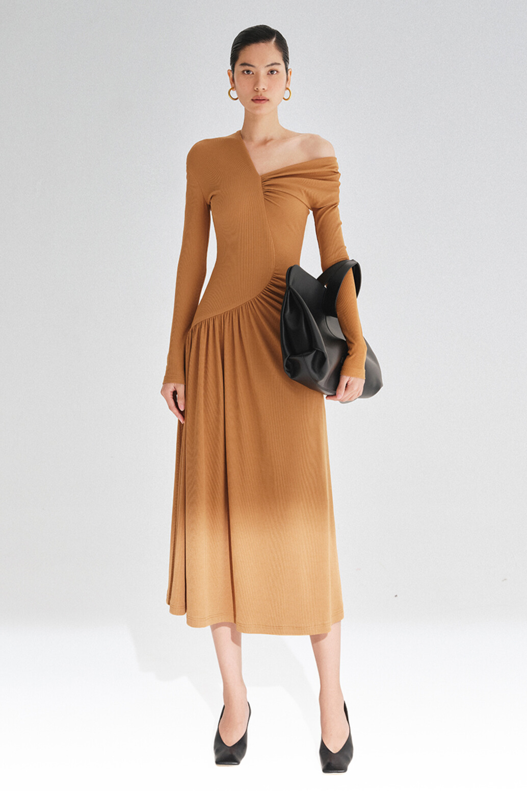 Arcadio One Shoulder Asymmetric Ruched Midi Dress In Orange