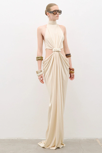 Berenice Halterneck Cutout Twisted Maxi Dress In Apricot