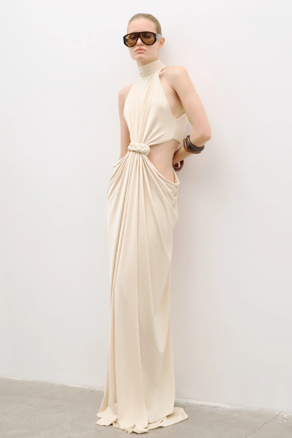 Berenice Halterneck Cutout Twisted Maxi Dress In Apricot