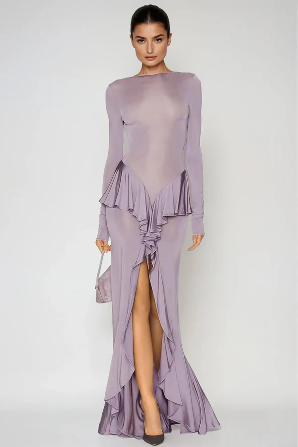 Eleanor Long Sleeve Backless Ruffle Maxi Dress In Purple