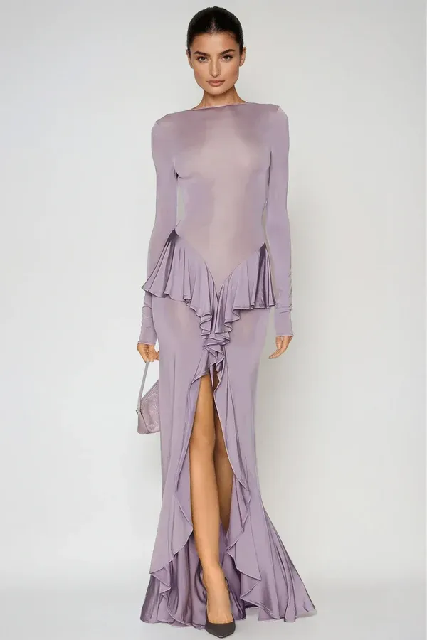 Eleanor Long Sleeve Backless Ruffle Maxi Dress In Purple