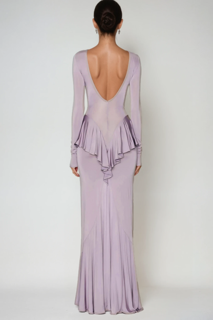 Eleanor Long Sleeve Backless Ruffle Maxi Dress In Purple