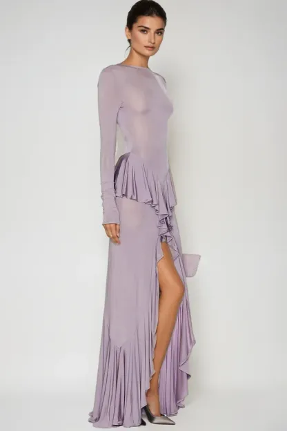 Eleanor Long Sleeve Backless Ruffle Maxi Dress In Purple