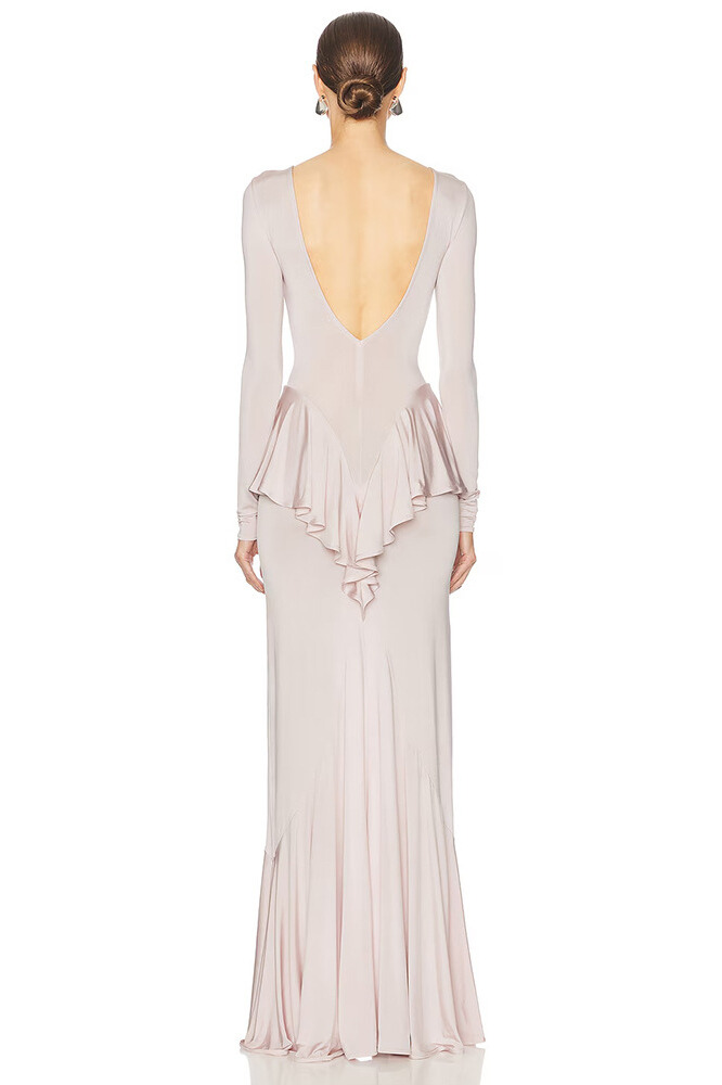 Eleanor Long Sleeve Backless Ruffle Maxi Dress In Pink
