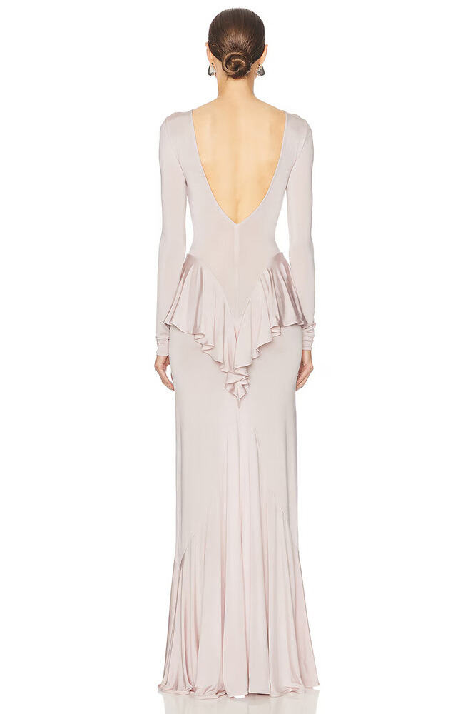 Eleanor Long Sleeve Backless Ruffle Maxi Dress In Pink