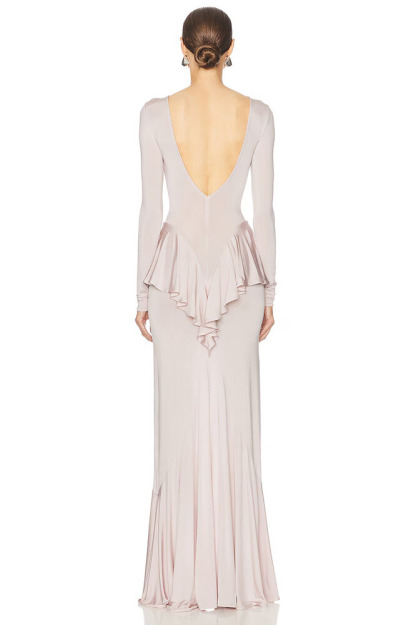 Eleanor Long Sleeve Backless Ruffle Maxi Dress In Pink