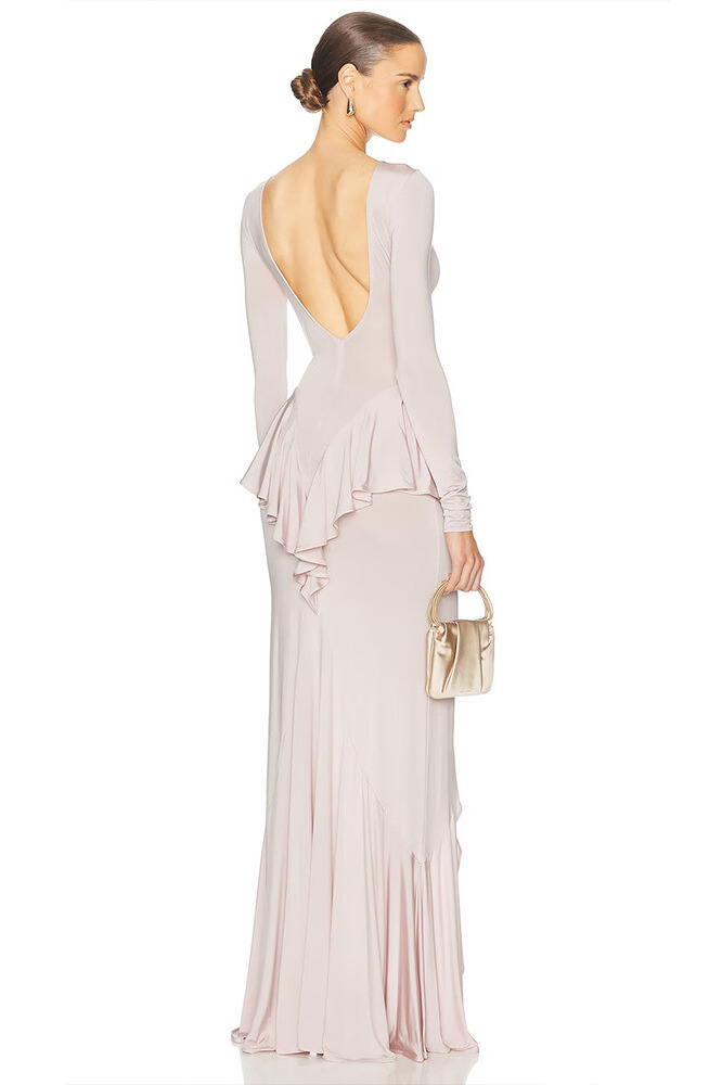 Eleanor Long Sleeve Backless Ruffle Maxi Dress In Pink