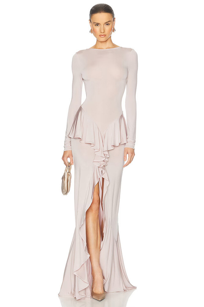 Eleanor Long Sleeve Backless Ruffle Maxi Dress In Pink