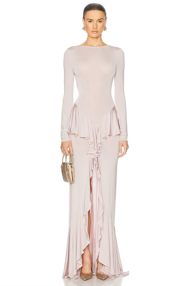 Eleanor Long Sleeve Backless Ruffle Maxi Dress In Pink