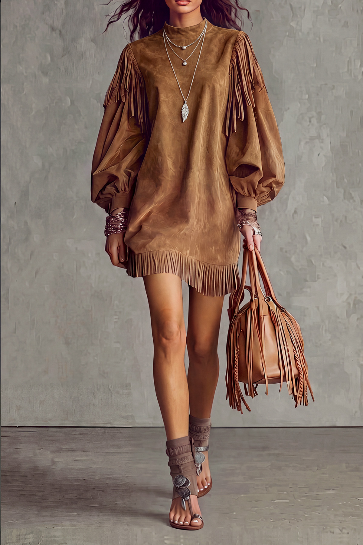  Marvelle Suede Fringe Mini Dress