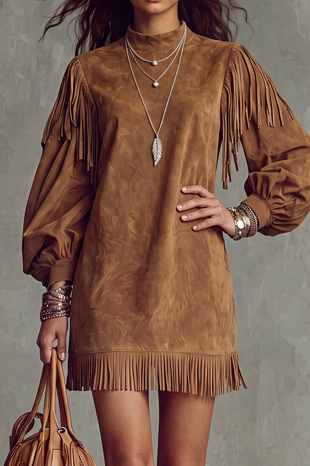  Marvelle Suede Fringe Mini Dress