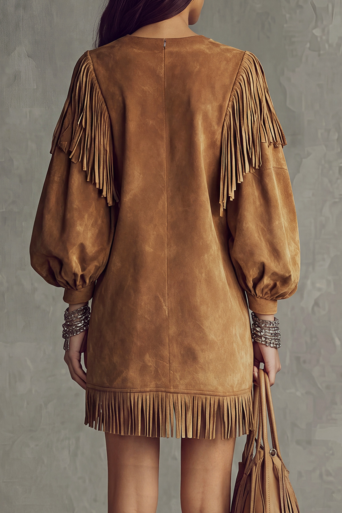  Marvelle Suede Fringe Mini Dress