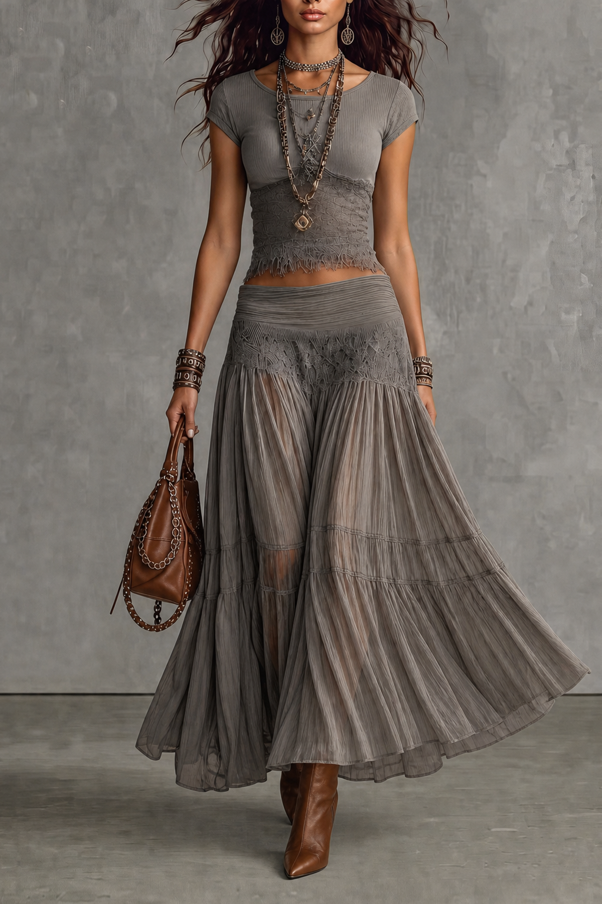 Novyss Round Neck Lace Maxi Skirt Set
