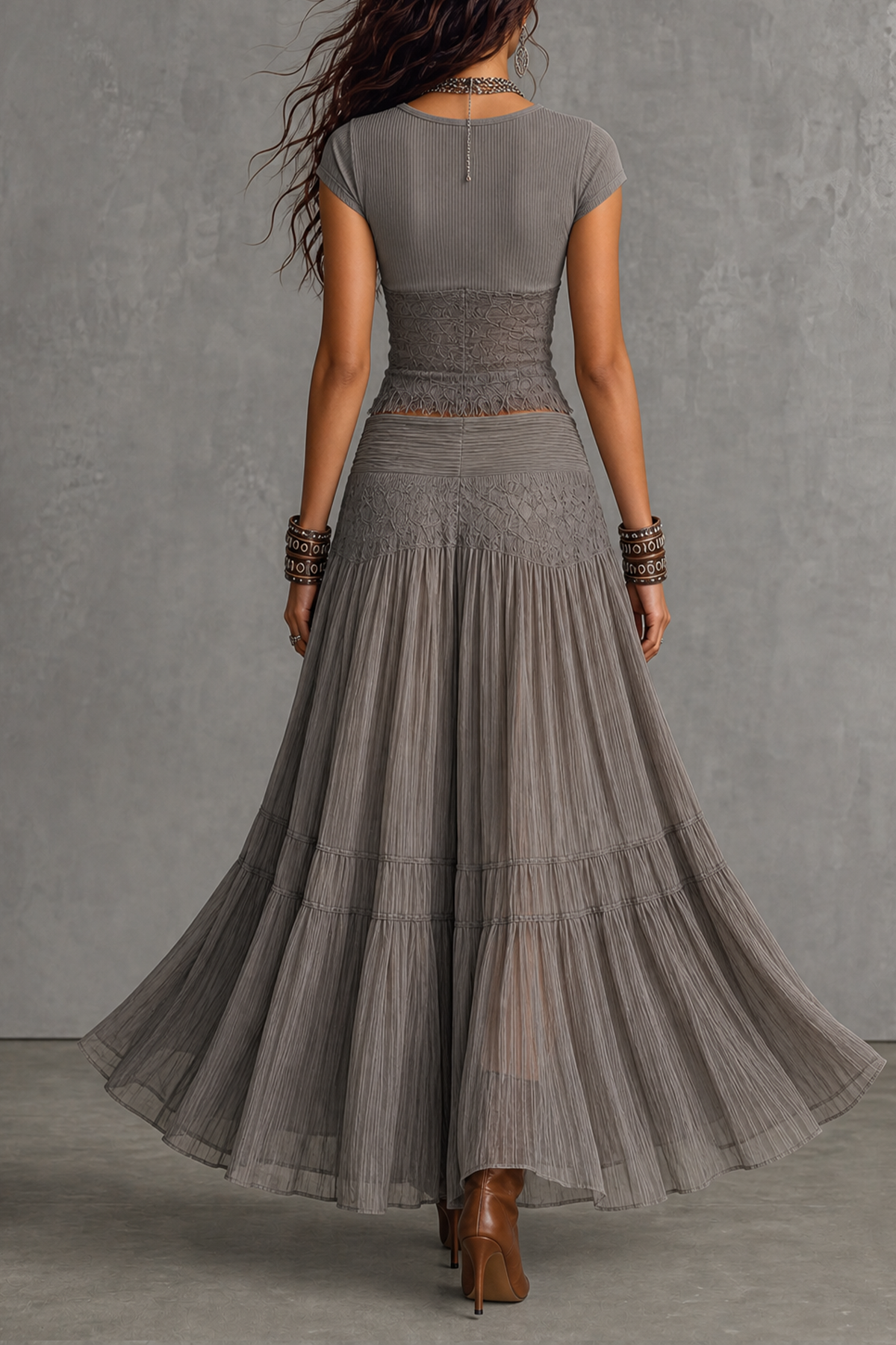 Novyss Round Neck Lace Maxi Skirt Set