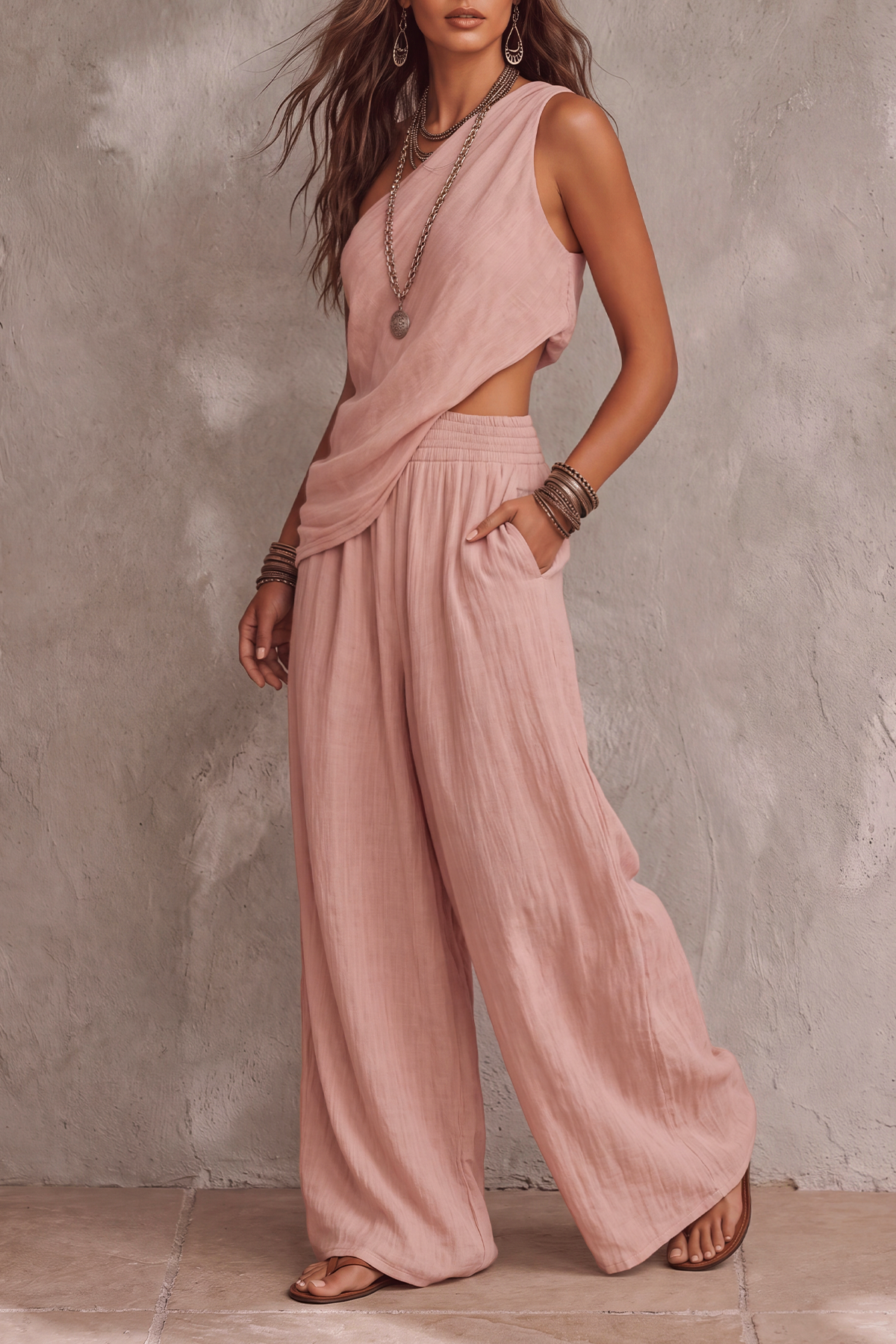Melvique One Shoulder Wide Leg Pants Set