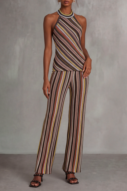 Mireille Colorful Stripe Knit Pants Set In Brown