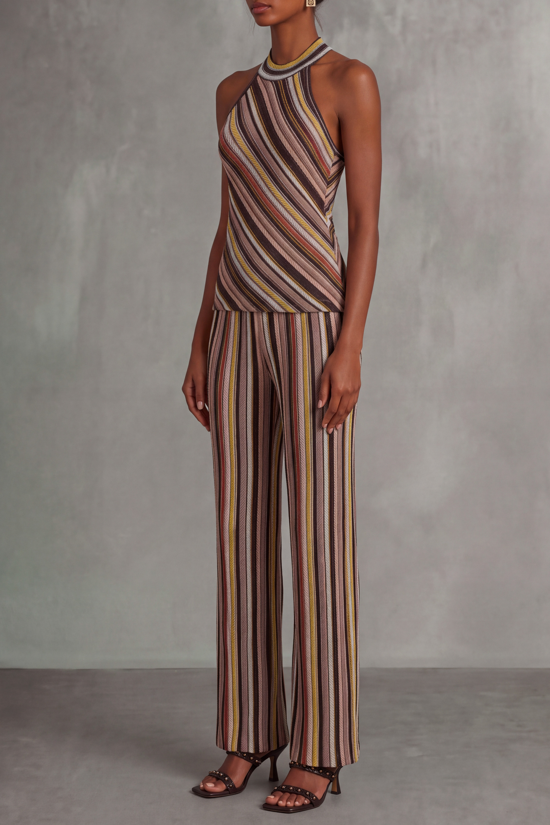Mireille Colorful Stripe Knit Pants Set In Brown