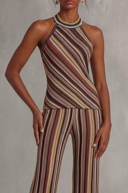Mireille Colorful Stripe Knit Pants Set In Brown