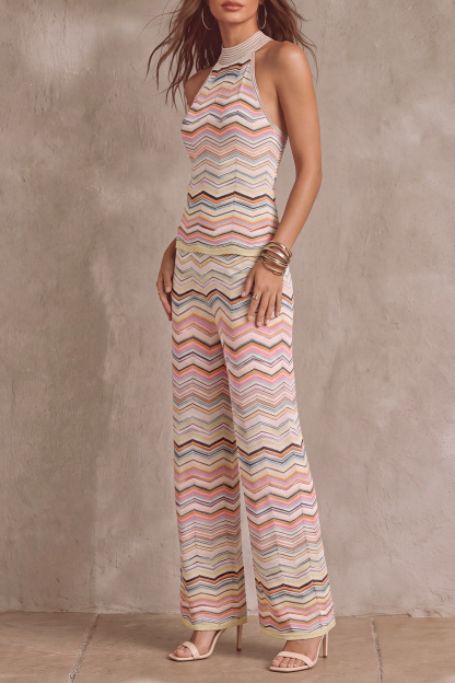 Mireille Colorful Wavy Stripe Knit Pants Set In Pink