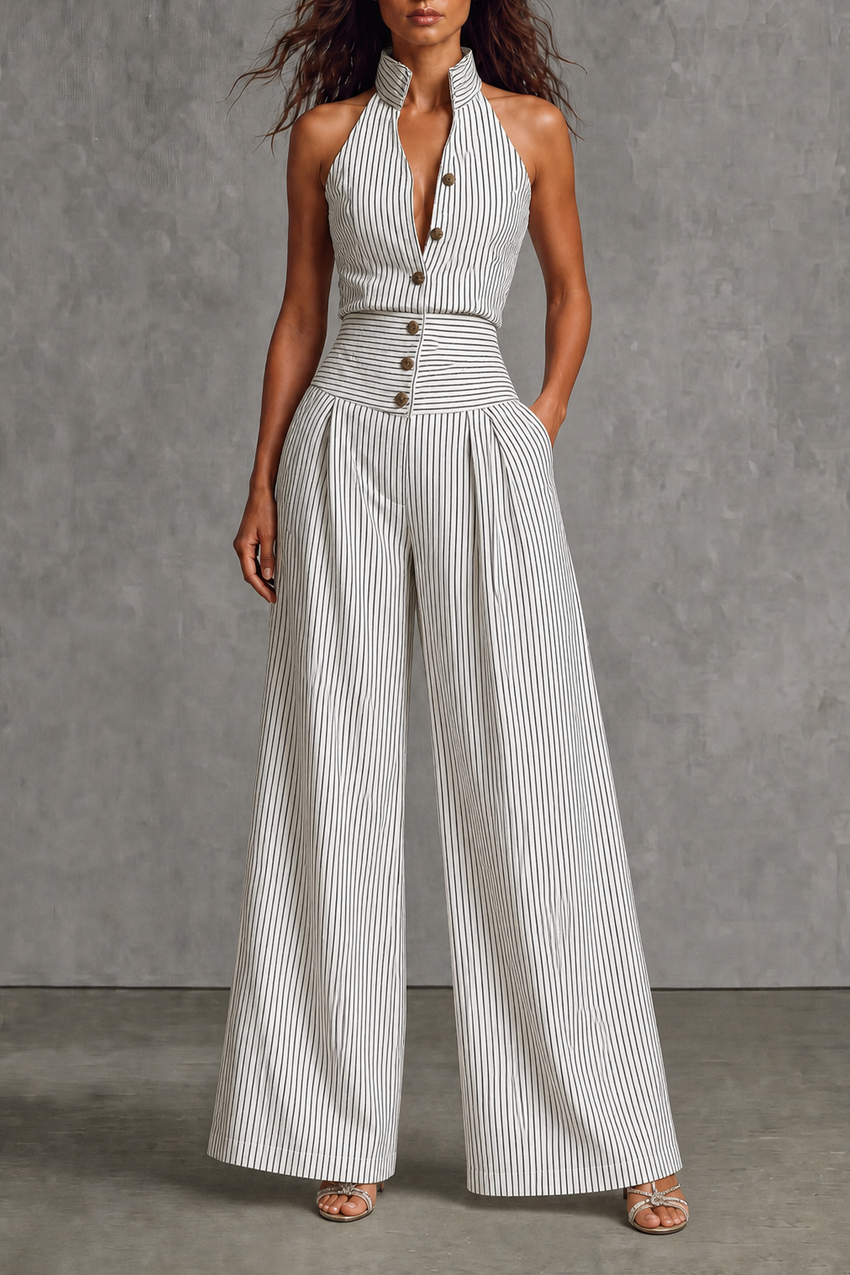 Mireth Halter Neck Button Stripe Jumpsuit 