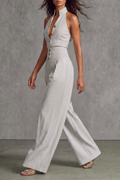Mireth Halter Neck Button Stripe Jumpsuit 