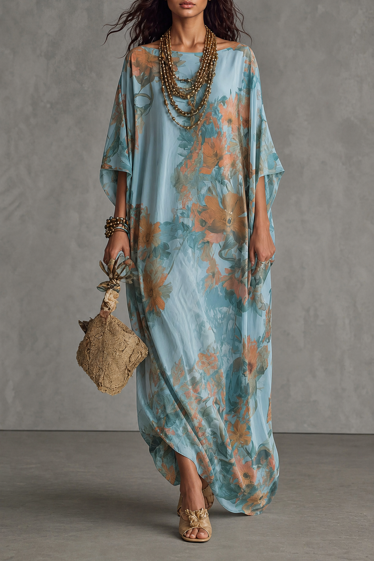 Mirexon Batwing Sleeve Floral Maxi Dress