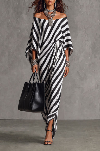 Monroe Off Shoulder Stripe Print Maxi Dress