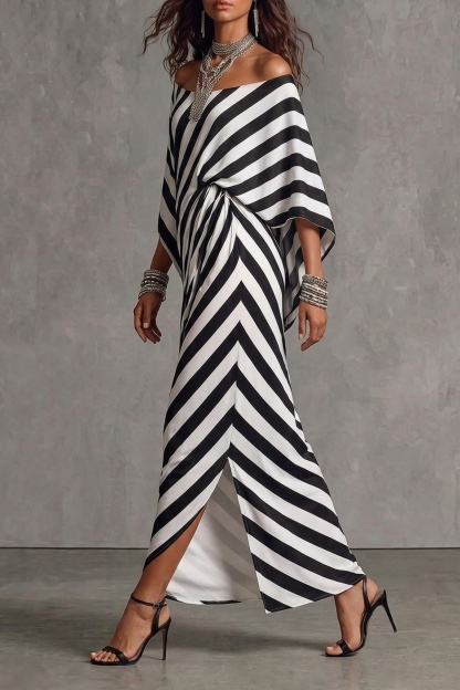 Monroe Off Shoulder Stripe Print Maxi Dress