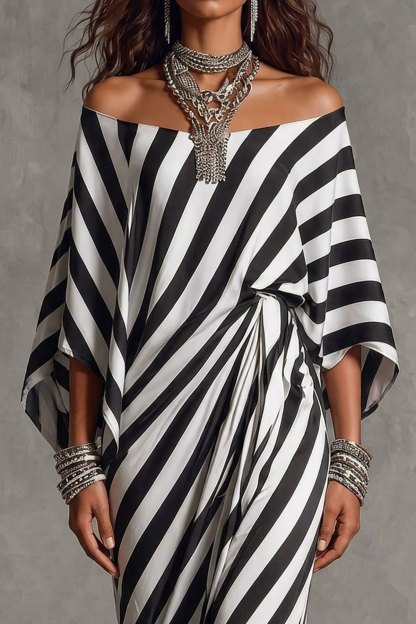Monroe Off Shoulder Stripe Print Maxi Dress