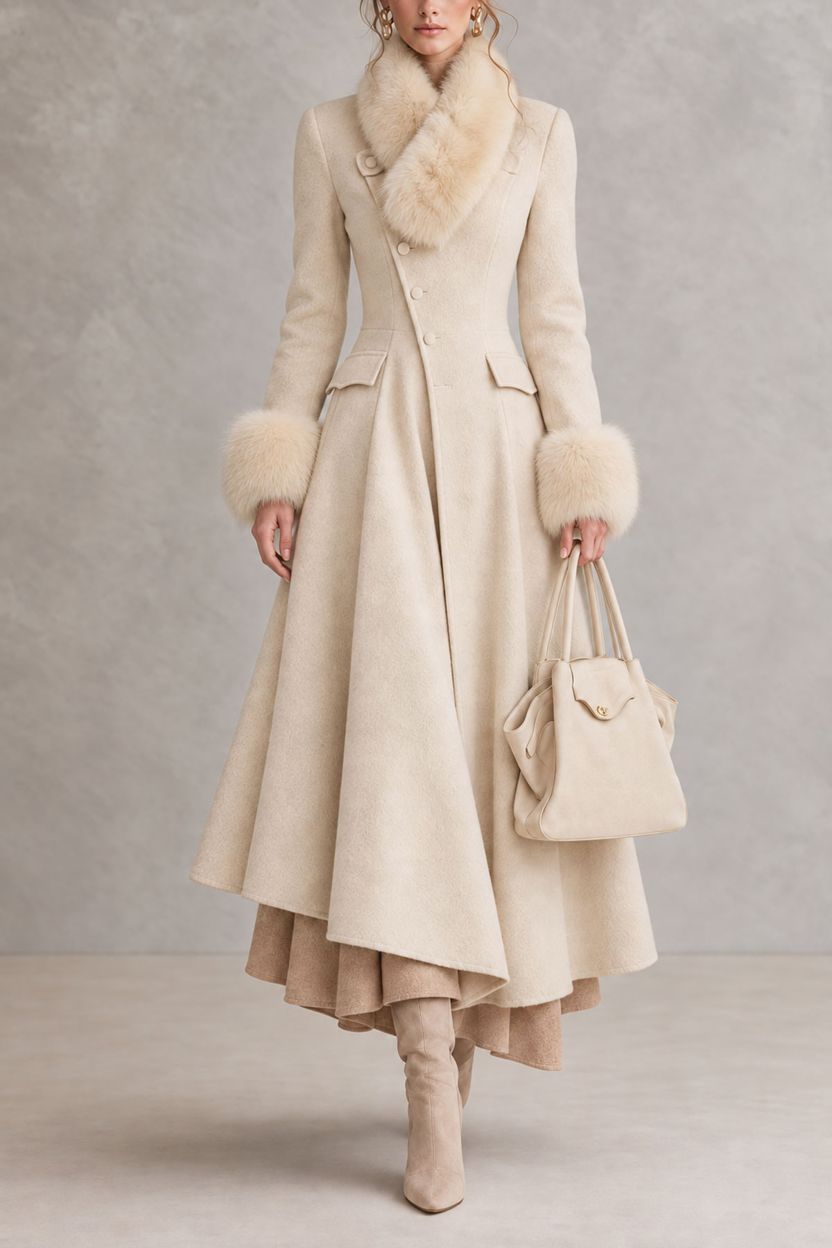 Naya Fur Trim Button Long Wool Coat