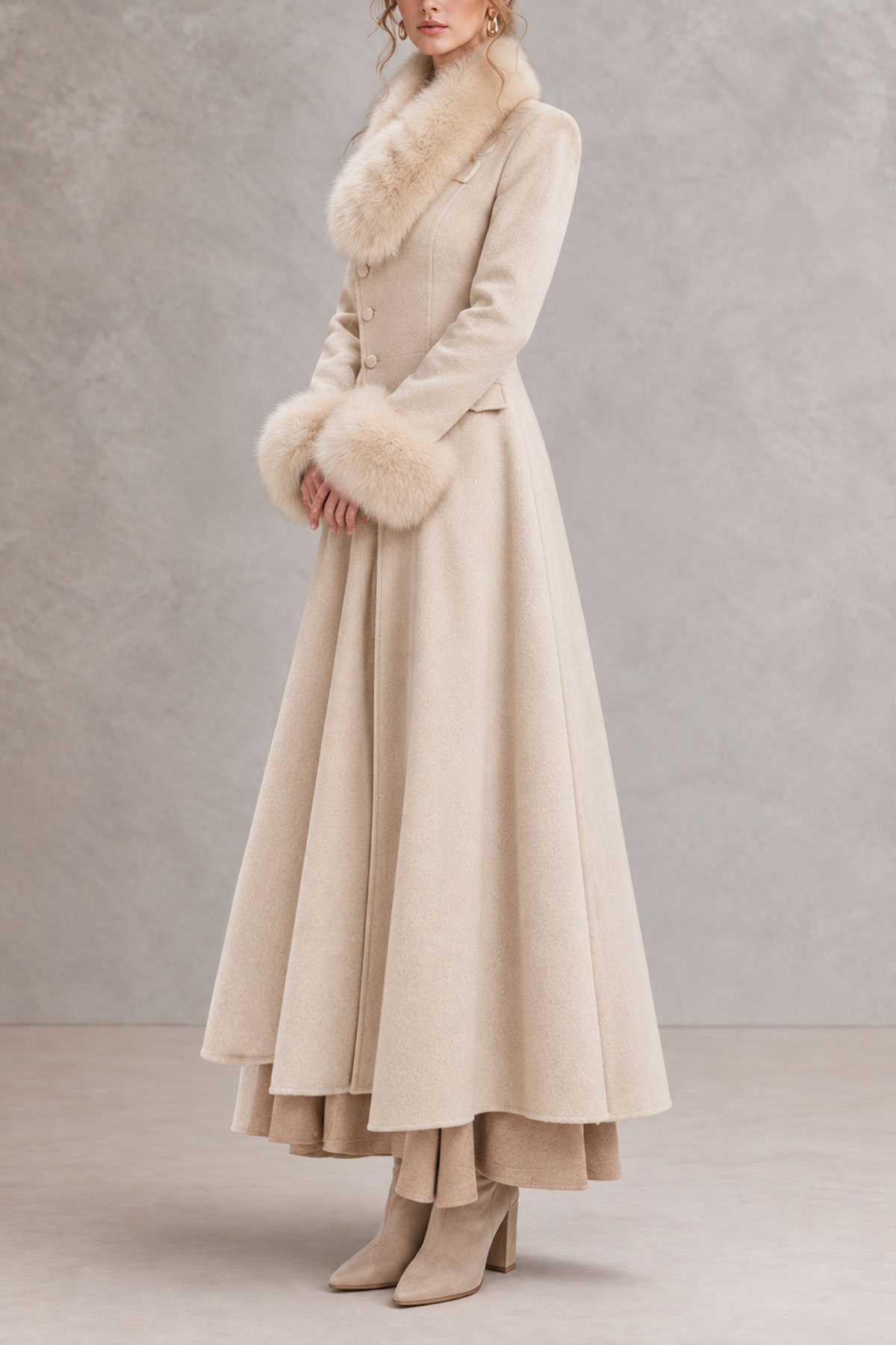 Naya Fur Trim Button Long Wool Coat