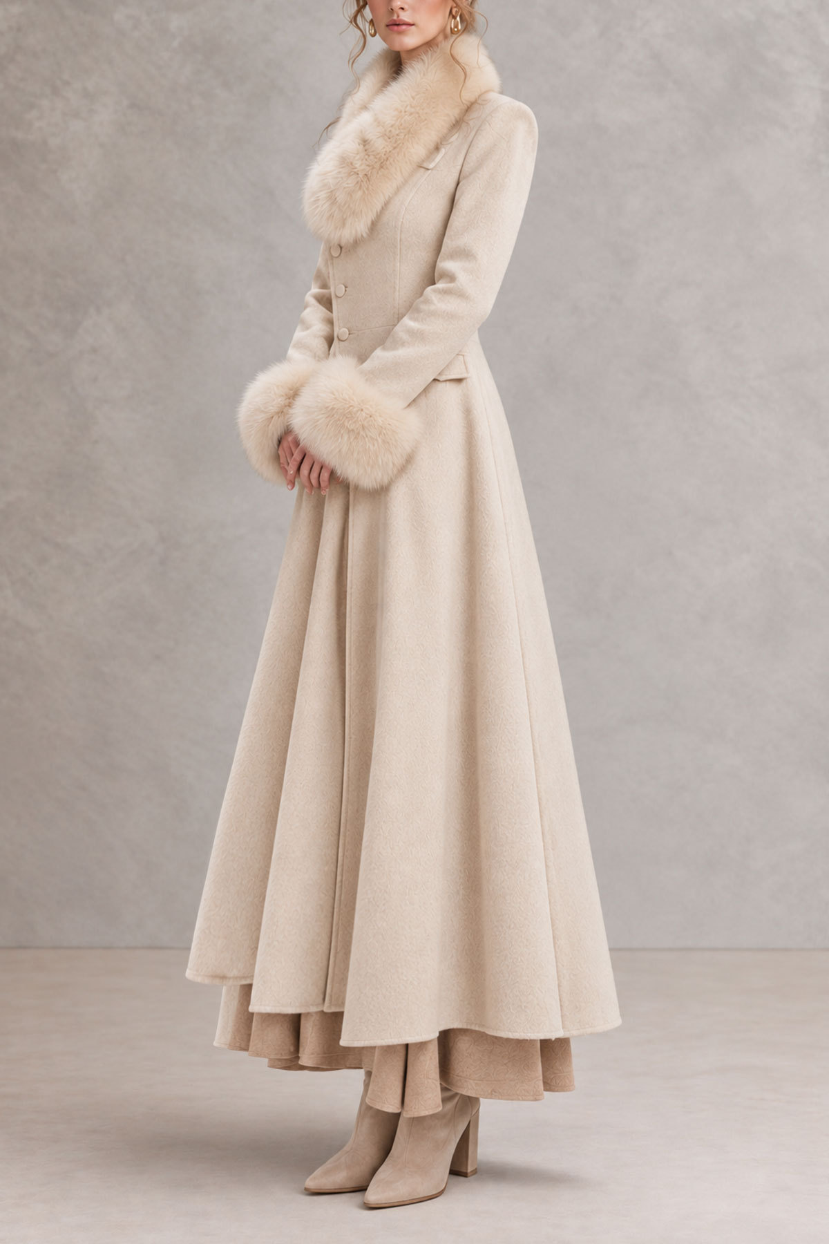 Naya Fur Trim Button Long Wool Coat