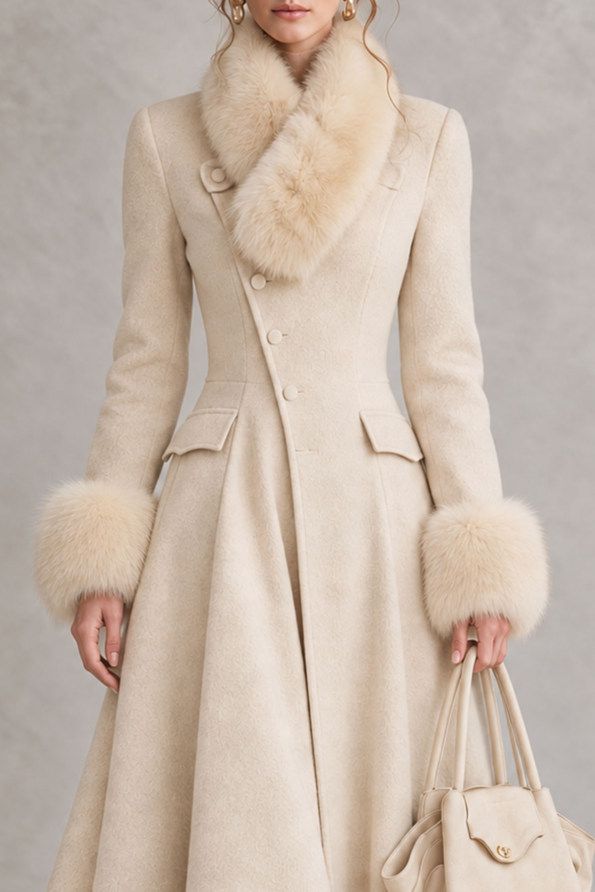 Naya Fur Trim Button Long Wool Coat