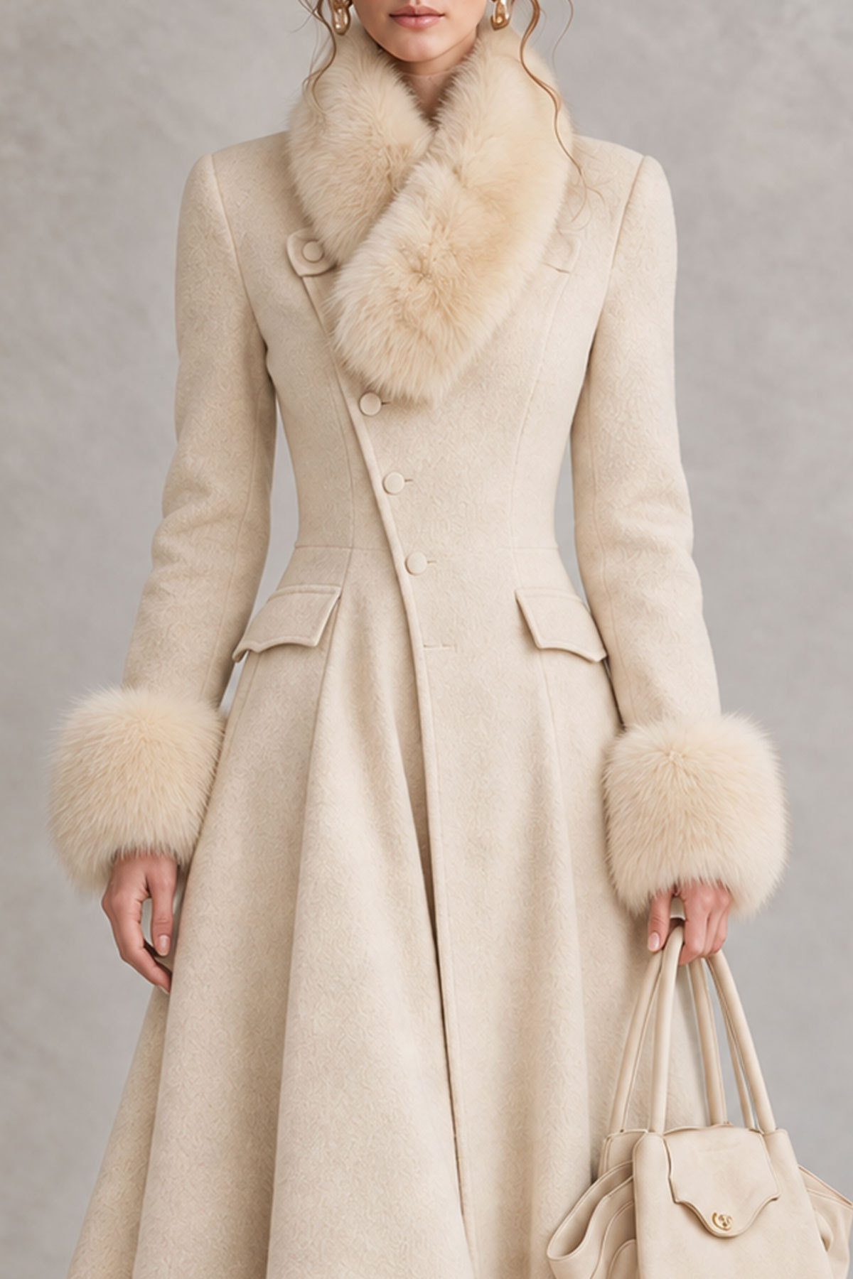 Naya Fur Trim Button Long Wool Coat