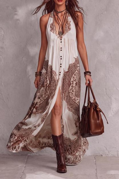 Neythra Plunge Neck Print Button Maxi Dress
