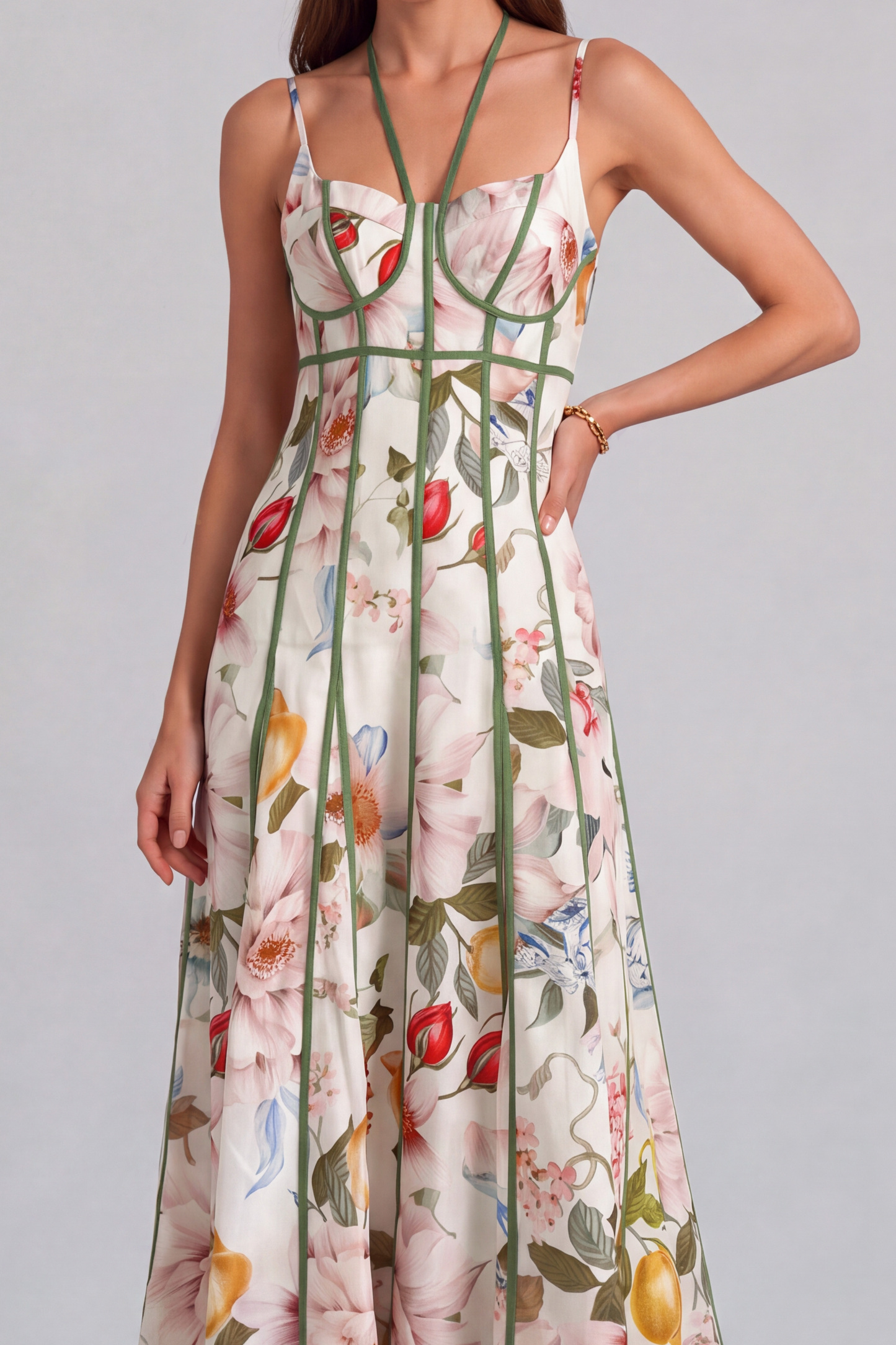 Nina Halter Neck Floral Midi Dress In Green