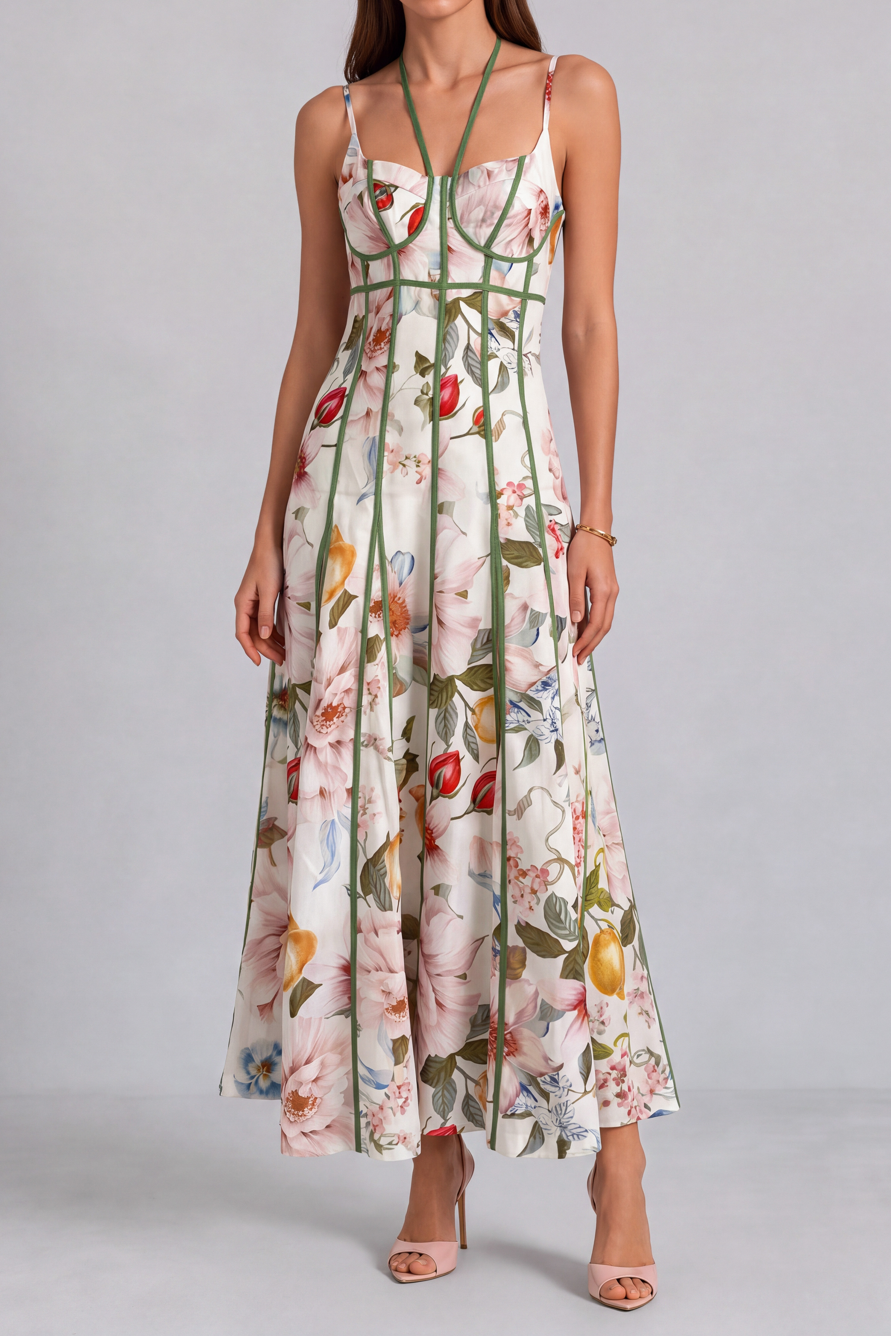 Nina Halter Neck Floral Midi Dress In Green