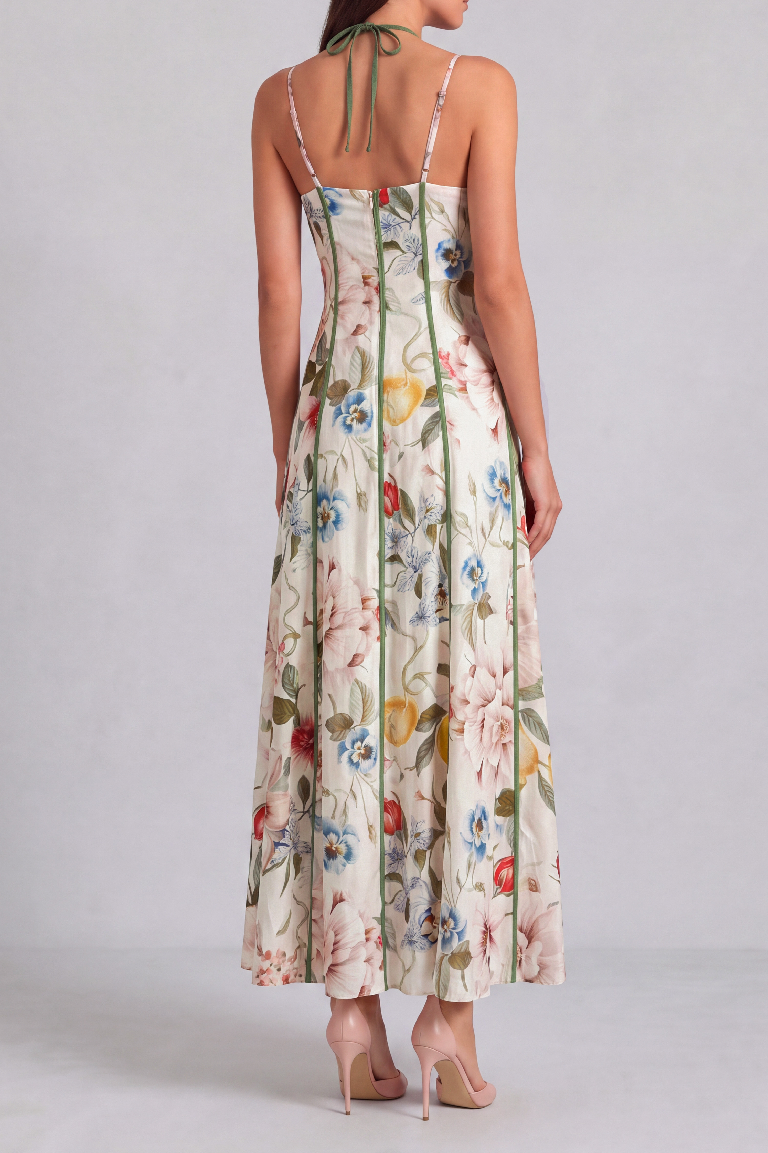 Nina Halter Neck Floral Midi Dress In Green